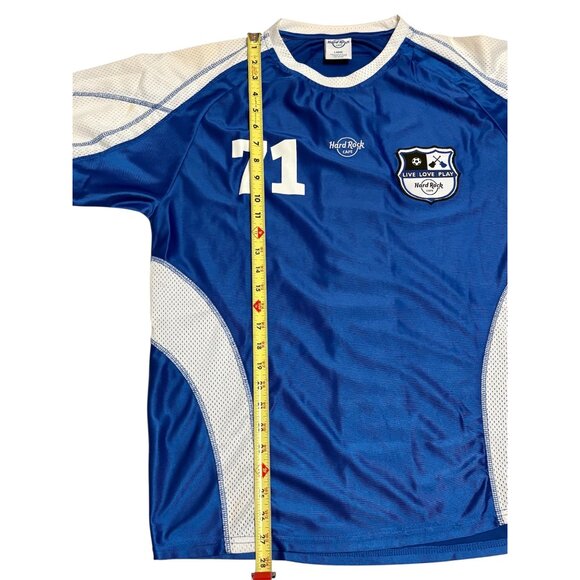 Hard Rock Cafe Blue Soccer Jersey Top Global Flag Design Large Live Love Play - Picture 6 of 10